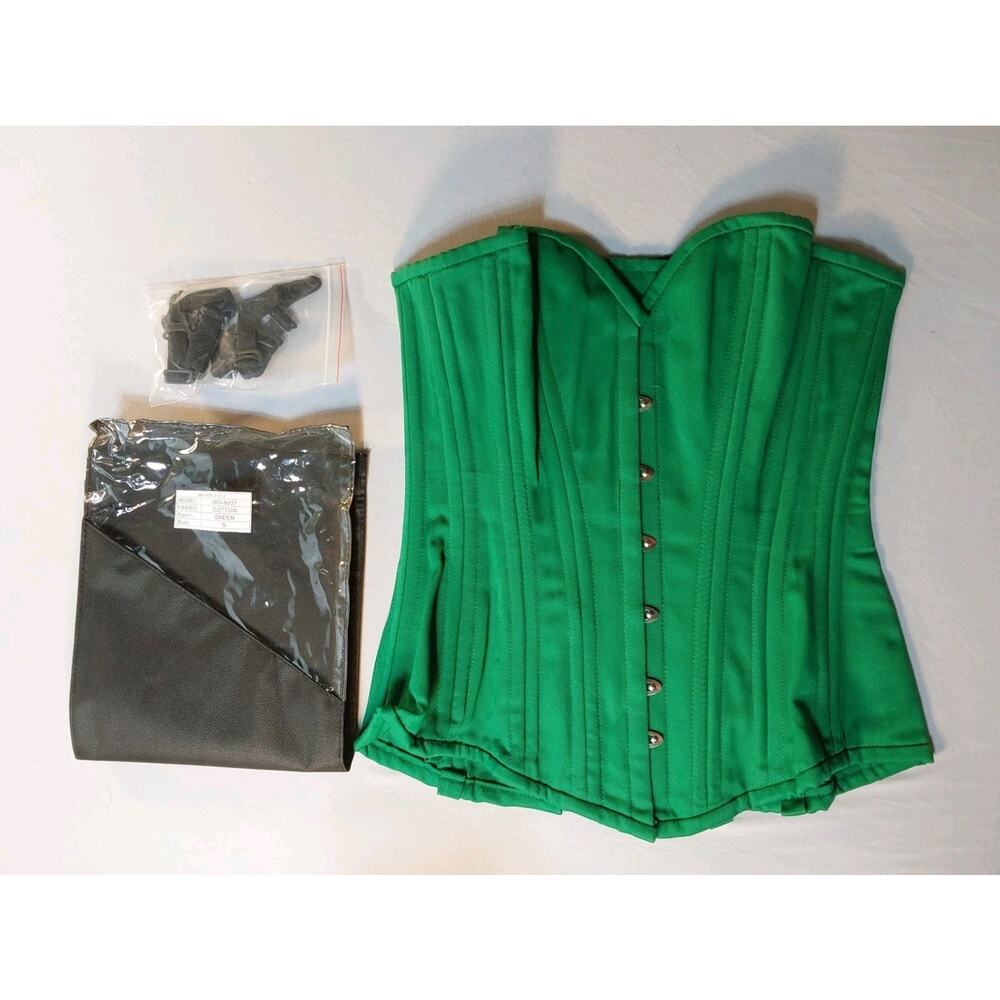 Small Green Cotton Overbust Corset Boned, Laced Up, With Straps #G78